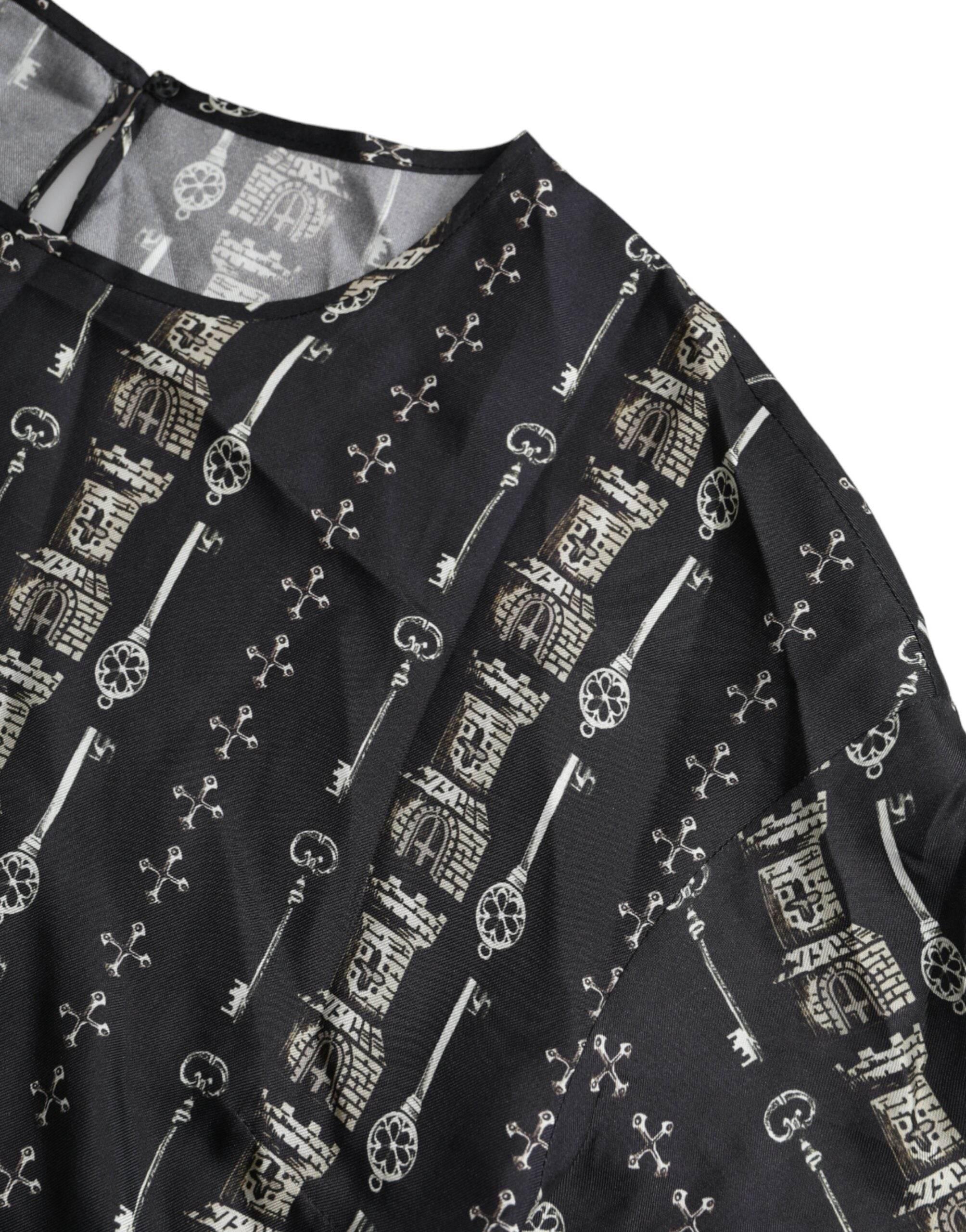 Dolce & Gabbana Black Key Castle Print Silk Blouse T-shirt - Hilstor