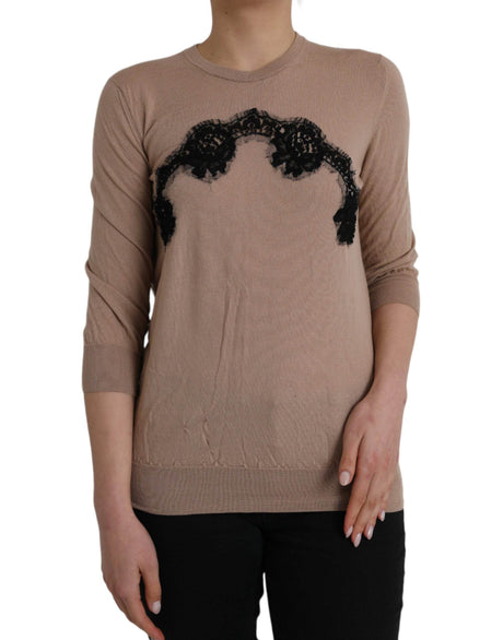 Dolce & Gabbana Brown Wool Black Lace 3/4 Sleeve Blouse Top - Hilstor