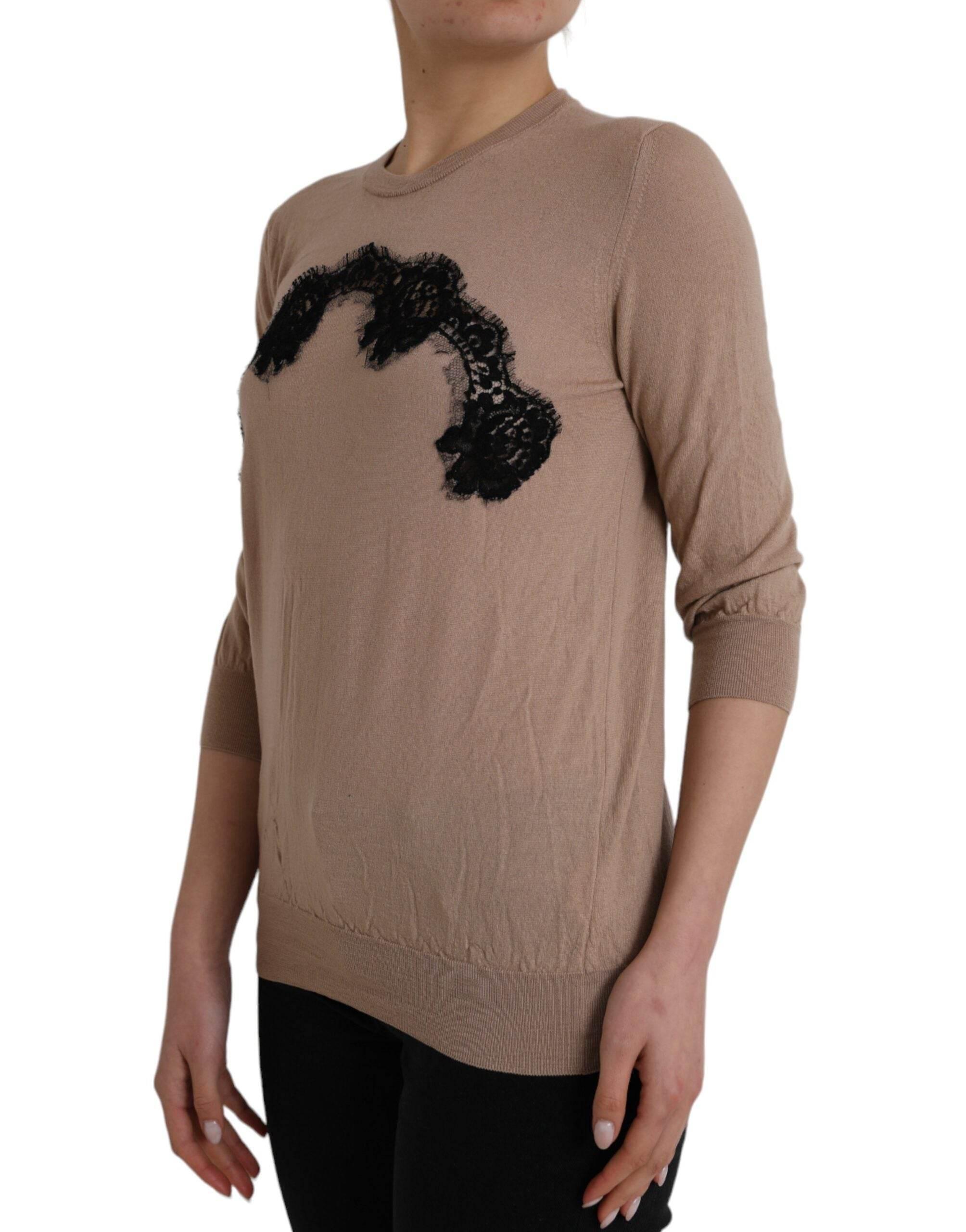 Dolce & Gabbana Brown Wool Black Lace 3/4 Sleeve Blouse Top - Hilstor