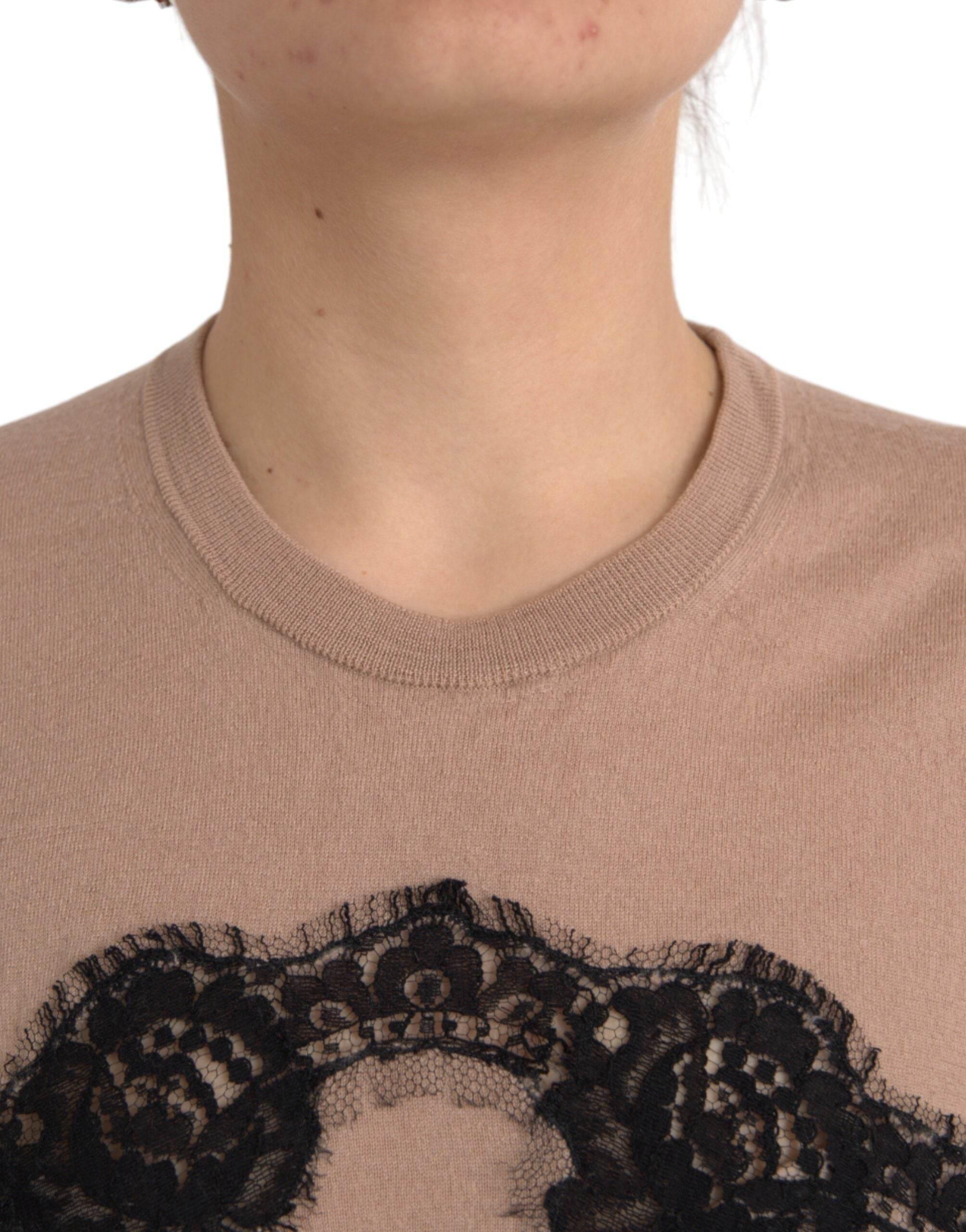 Dolce & Gabbana Brown Wool Black Lace 3/4 Sleeve Blouse Top - Hilstor
