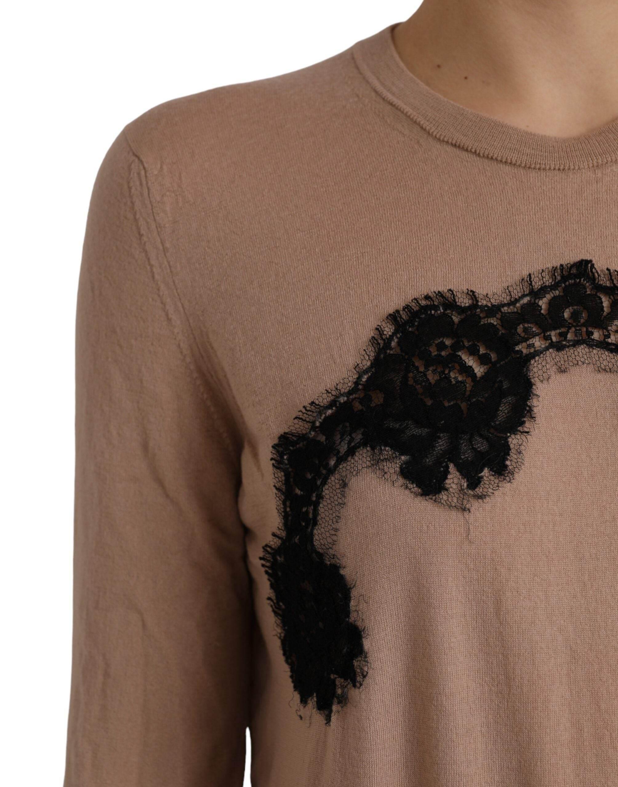 Dolce & Gabbana Brown Wool Black Lace 3/4 Sleeve Blouse Top - Hilstor
