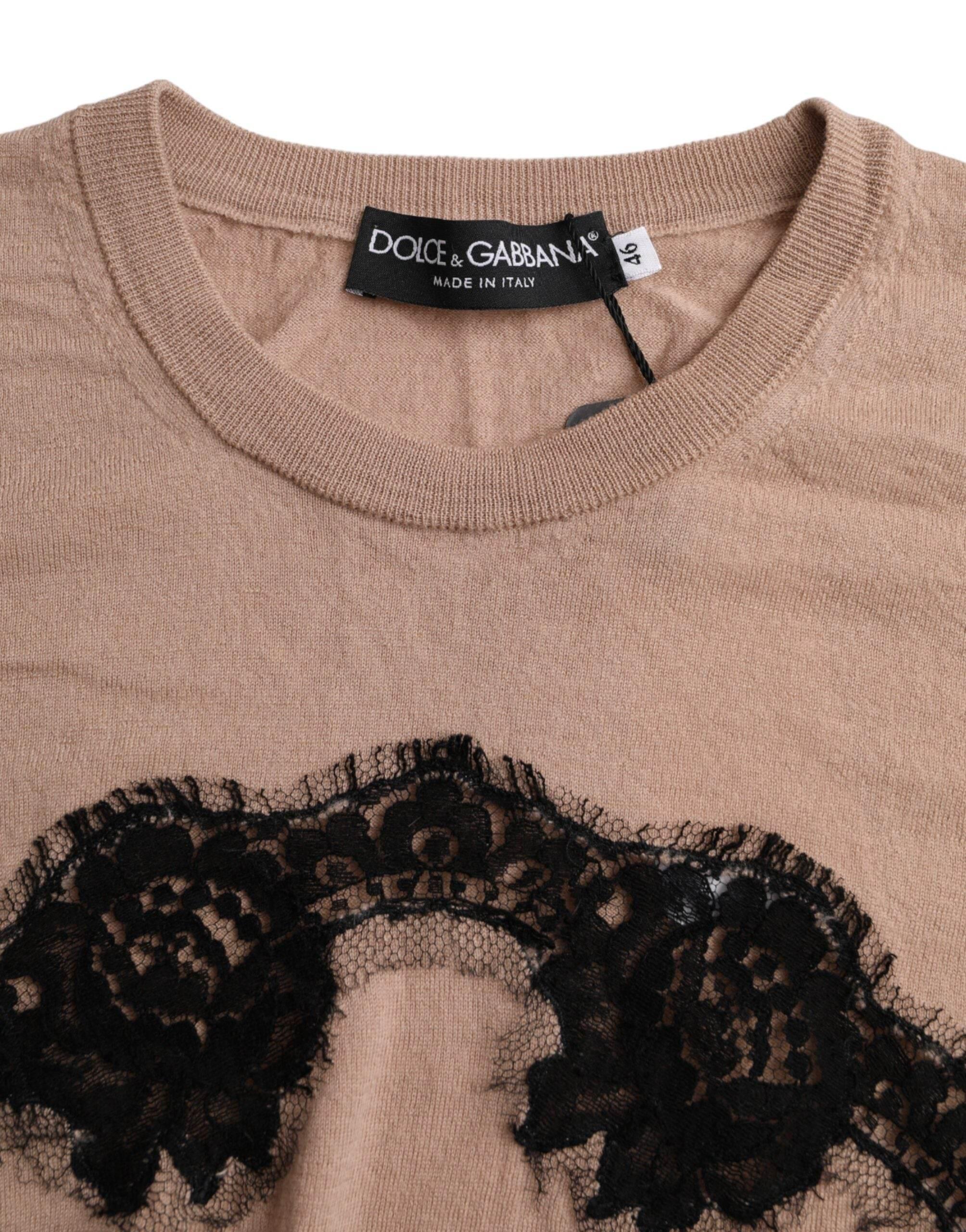 Dolce & Gabbana Brown Wool Black Lace 3/4 Sleeve Blouse Top - Hilstor
