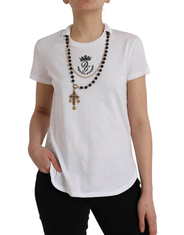 Dolce & Gabbana White Cotton Necklace Short Sleeves T-shirt - Hilstor