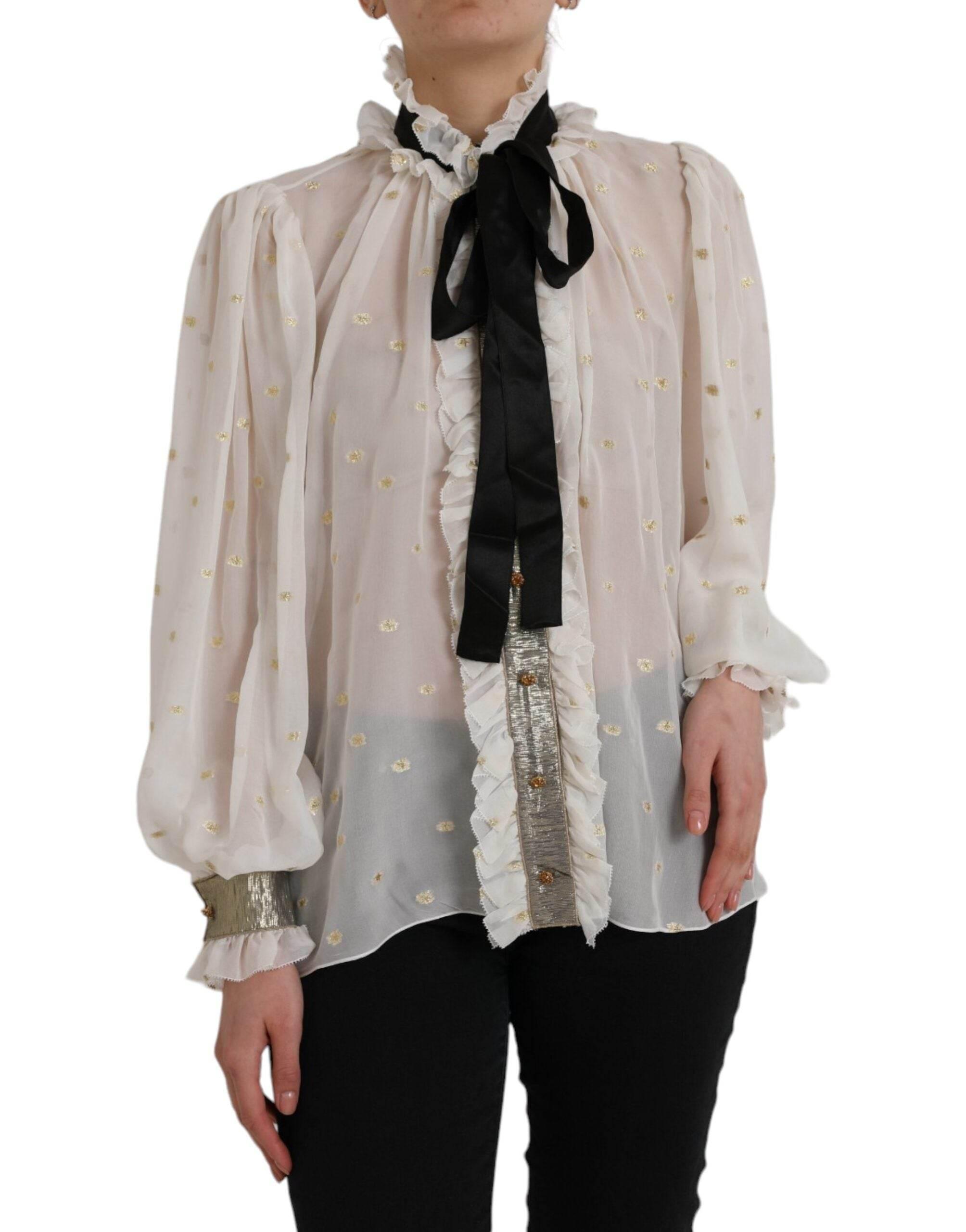 Dolce & Gabbana Off White Silk Blend Ascot Collar Blouse Top - Hilstor