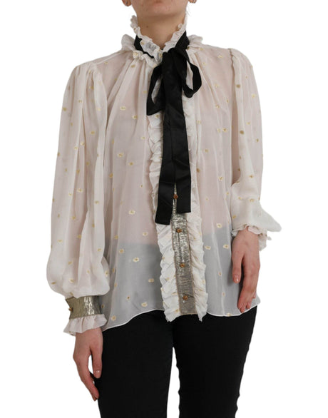 Dolce & Gabbana Off White Silk Blend Ascot Collar Blouse Top - Hilstor