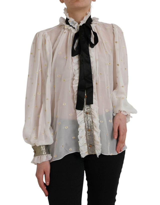 Dolce & Gabbana Off White Silk Blend Ascot Collar Blouse Top - Hilstor