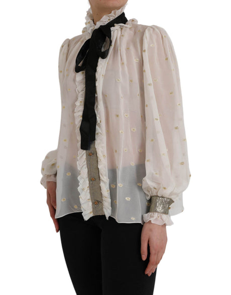 Dolce & Gabbana Off White Silk Blend Ascot Collar Blouse Top - Hilstor