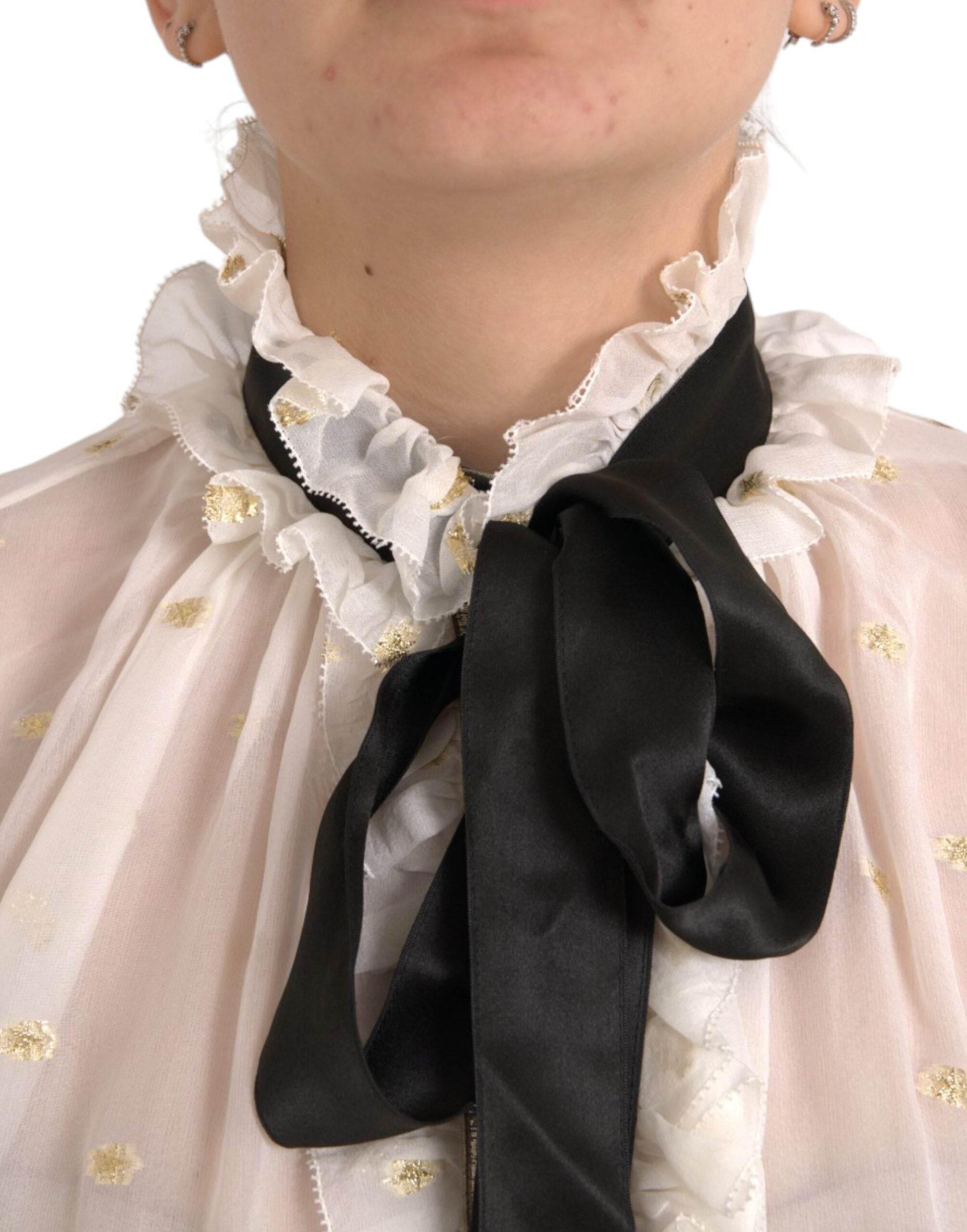 Dolce & Gabbana Off White Silk Blend Ascot Collar Blouse Top - Hilstor