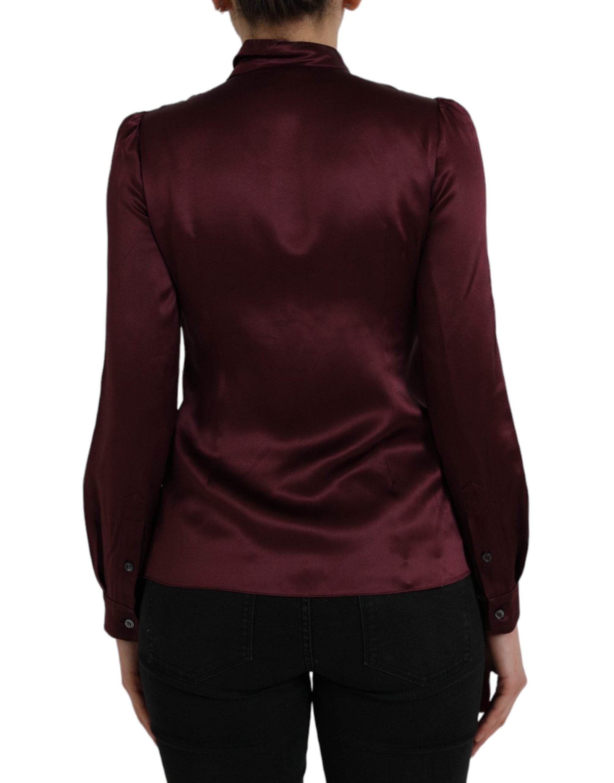 Dolce & Gabbana Maroon Ascot Collar Long Sleeve Top Blouse - Hilstor