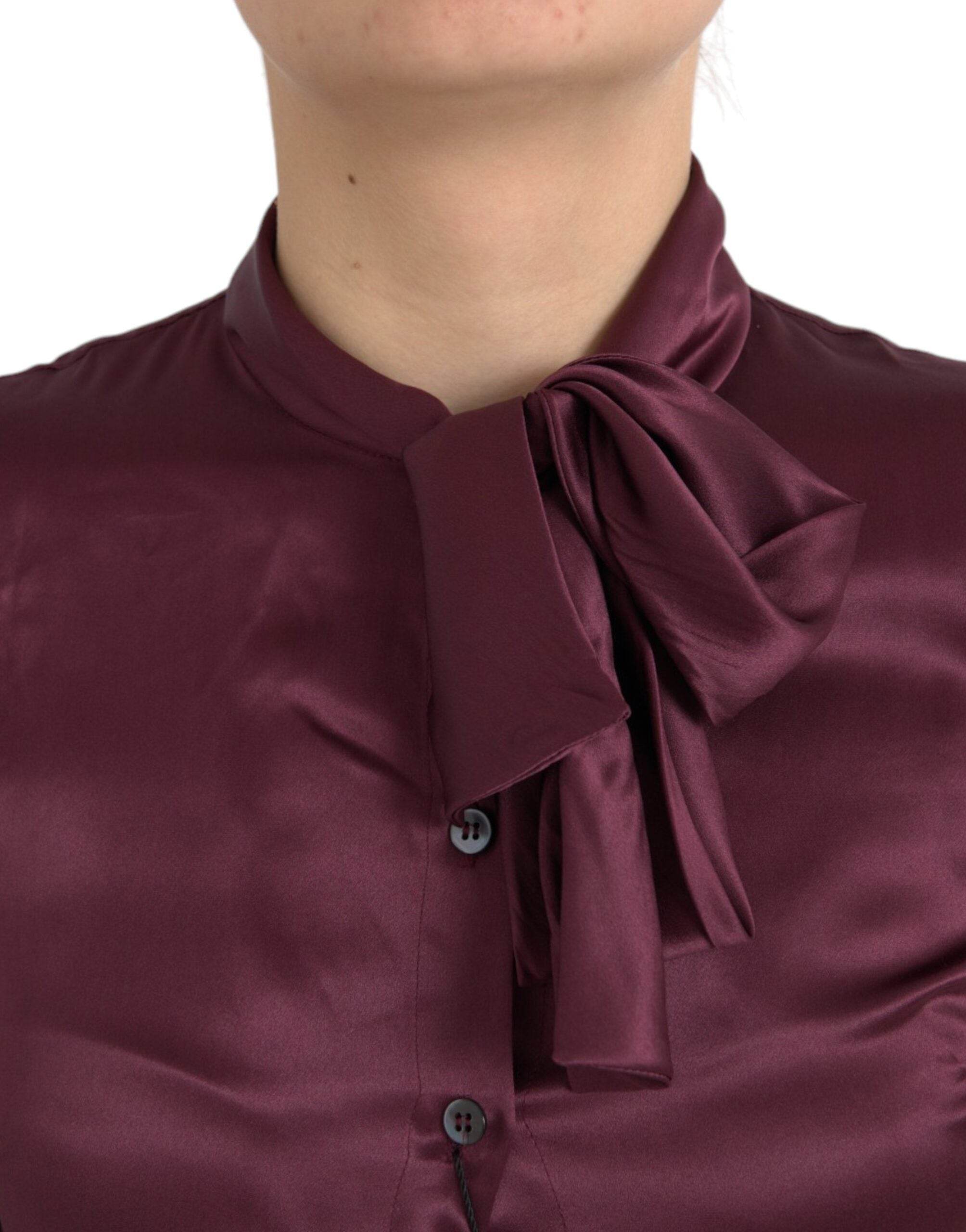 Dolce & Gabbana Maroon Ascot Collar Long Sleeve Top Blouse - Hilstor