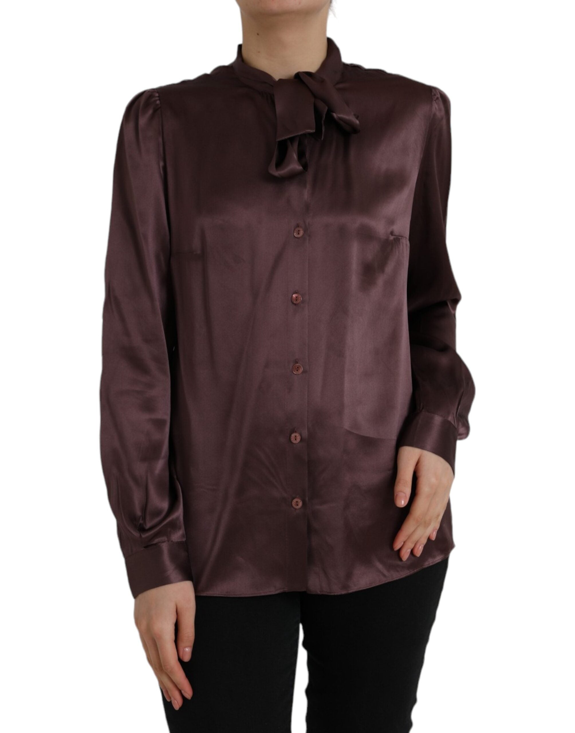 Dolce &amp; Gabbana Brown Ascot Collar langærmet topbluse