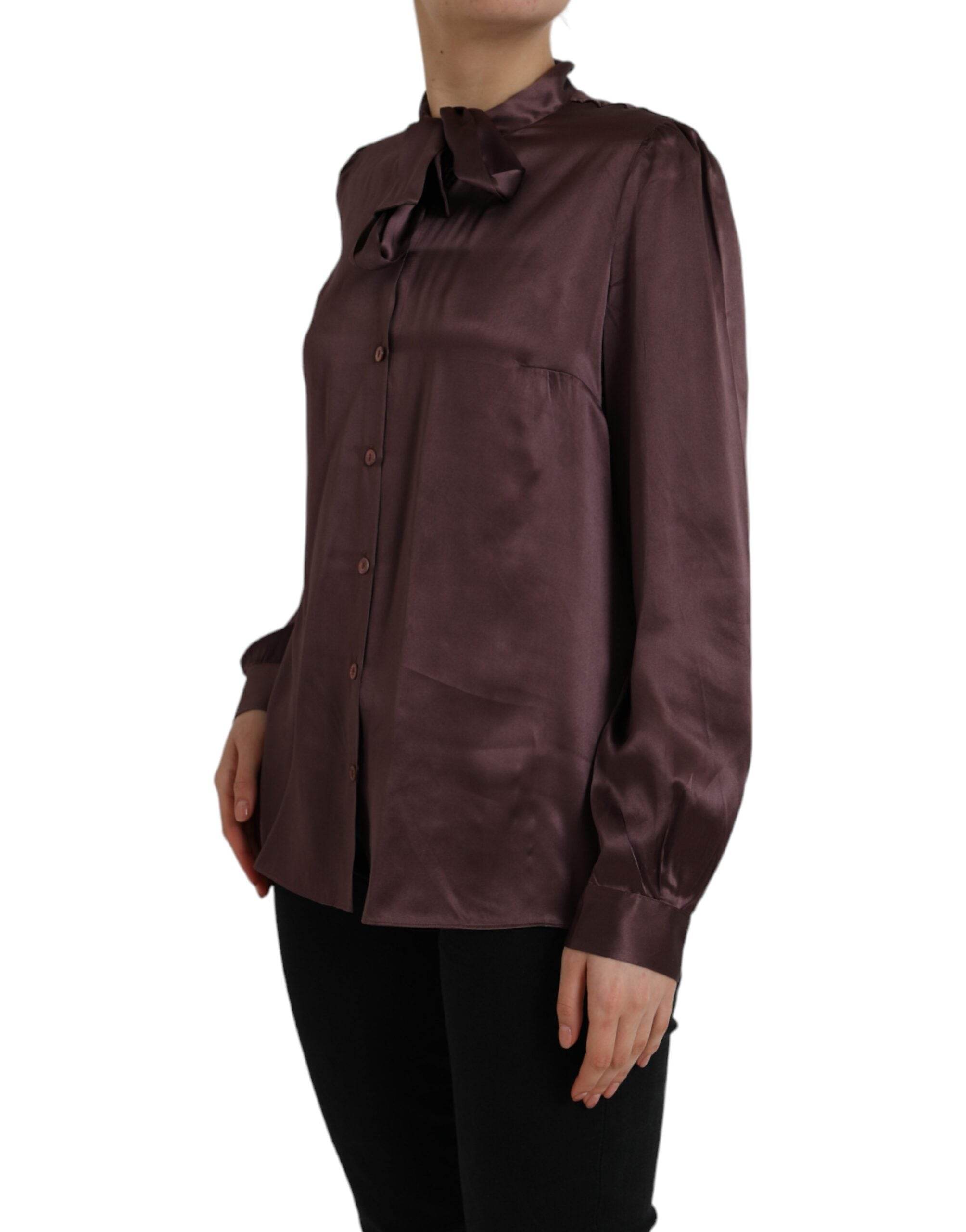 Dolce & Gabbana Brown Ascot Collar Long Sleeve Top Blouse - Hilstor