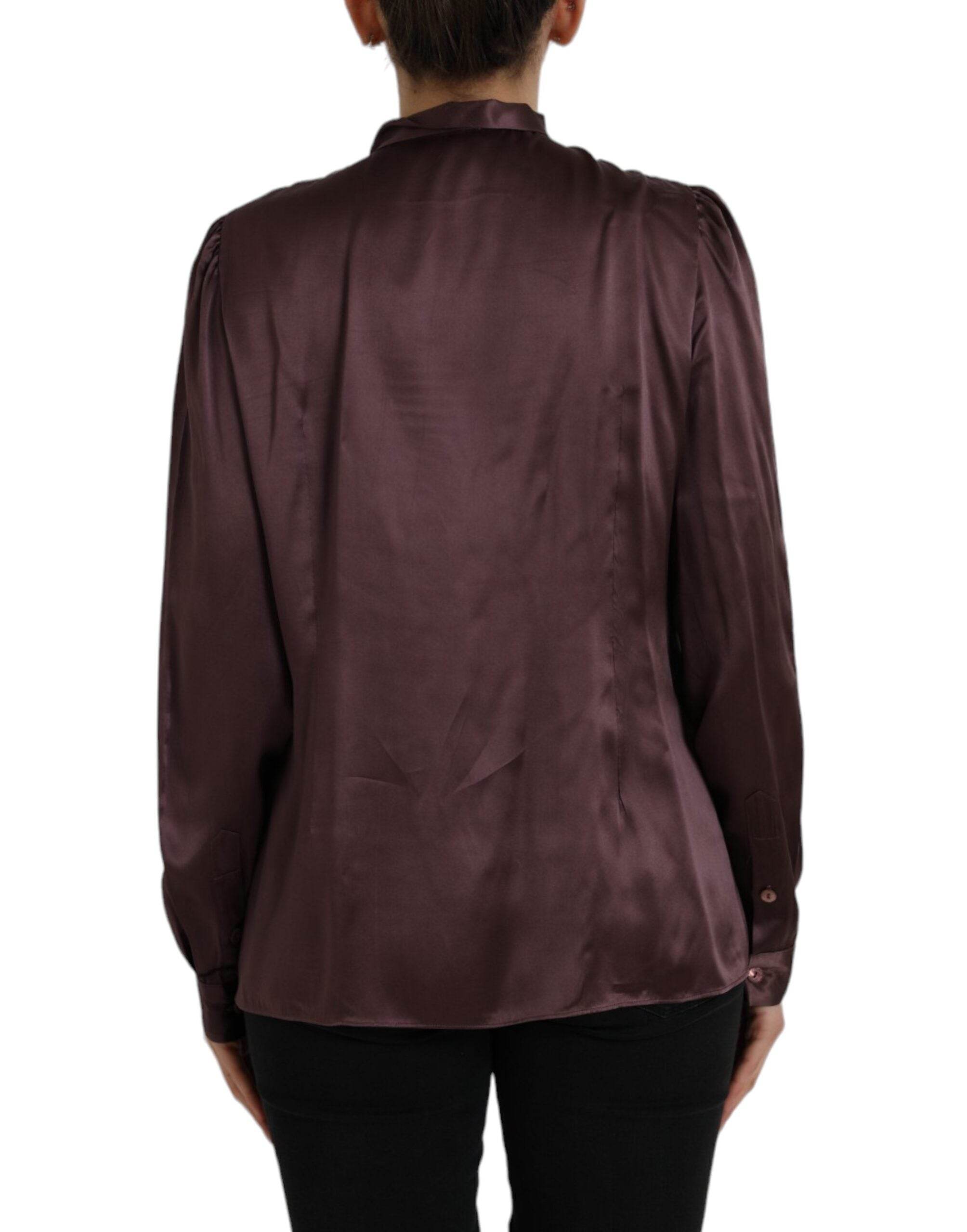 Dolce & Gabbana Brown Ascot Collar Long Sleeve Top Blouse - Hilstor