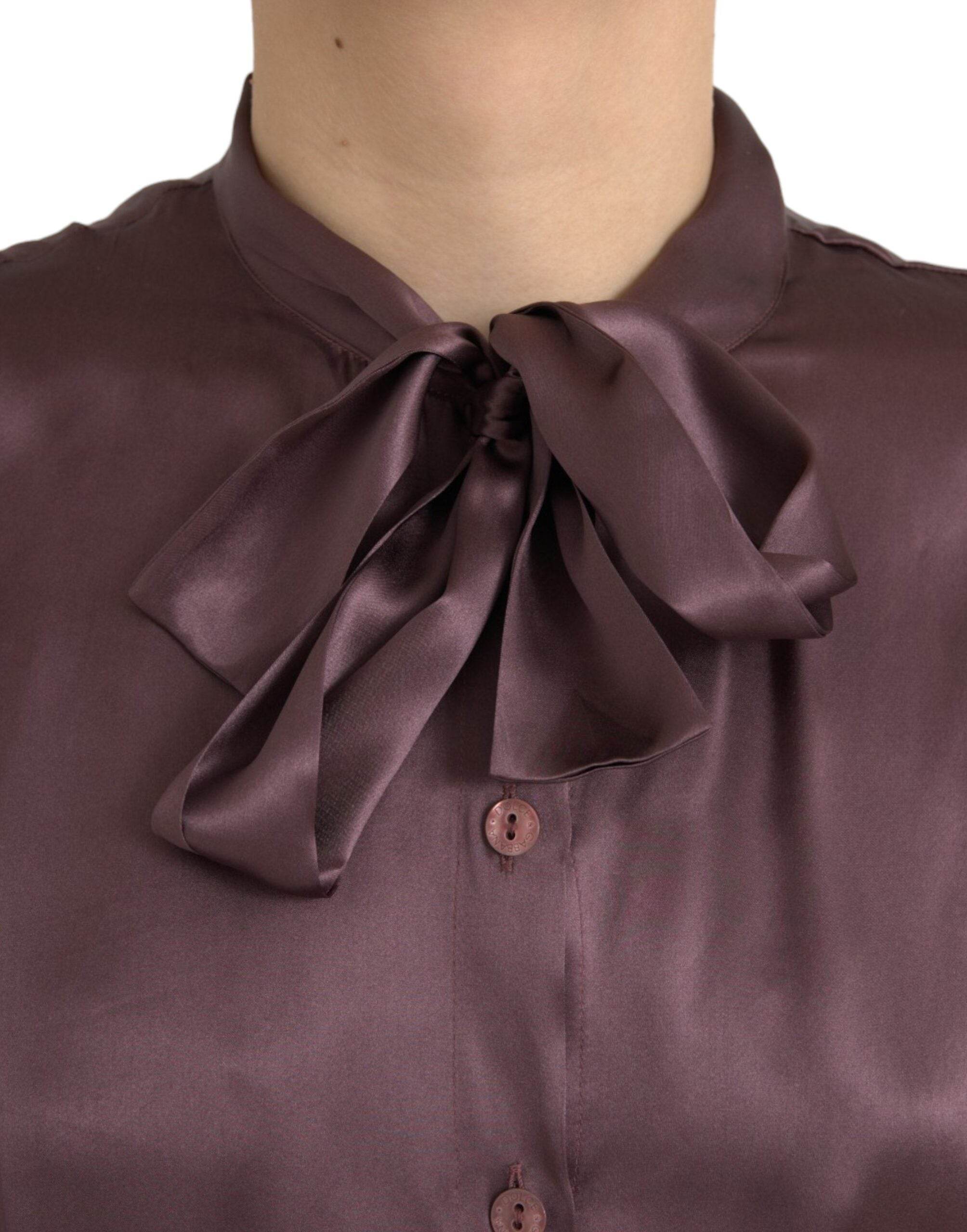 Dolce & Gabbana Brown Ascot Collar Long Sleeve Top Blouse - Hilstor