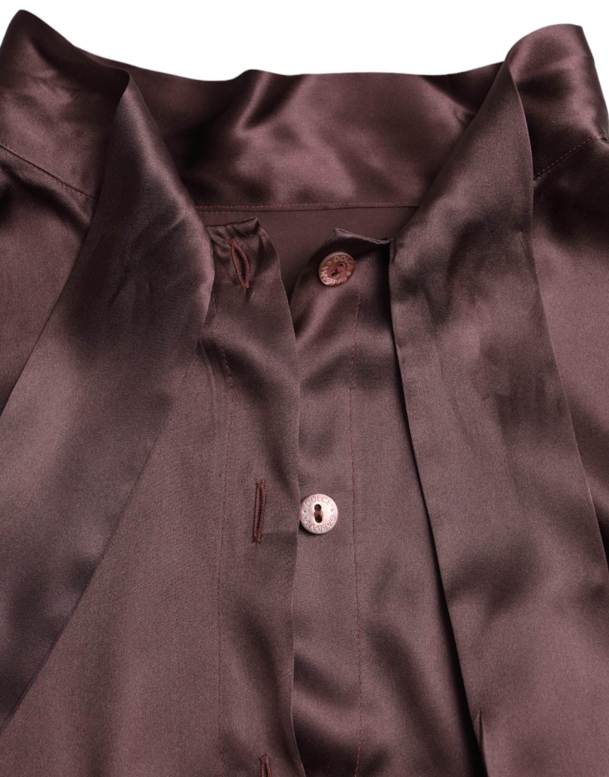 Dolce & Gabbana Brown Ascot Collar Long Sleeve Top Blouse - Hilstor