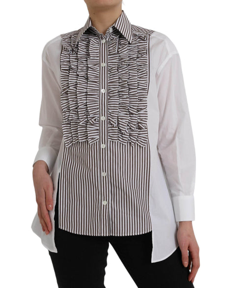 Dolce & Gabbana White Stripes Cotton Long Sleeves Ruffle Collar Top - Hilstor
