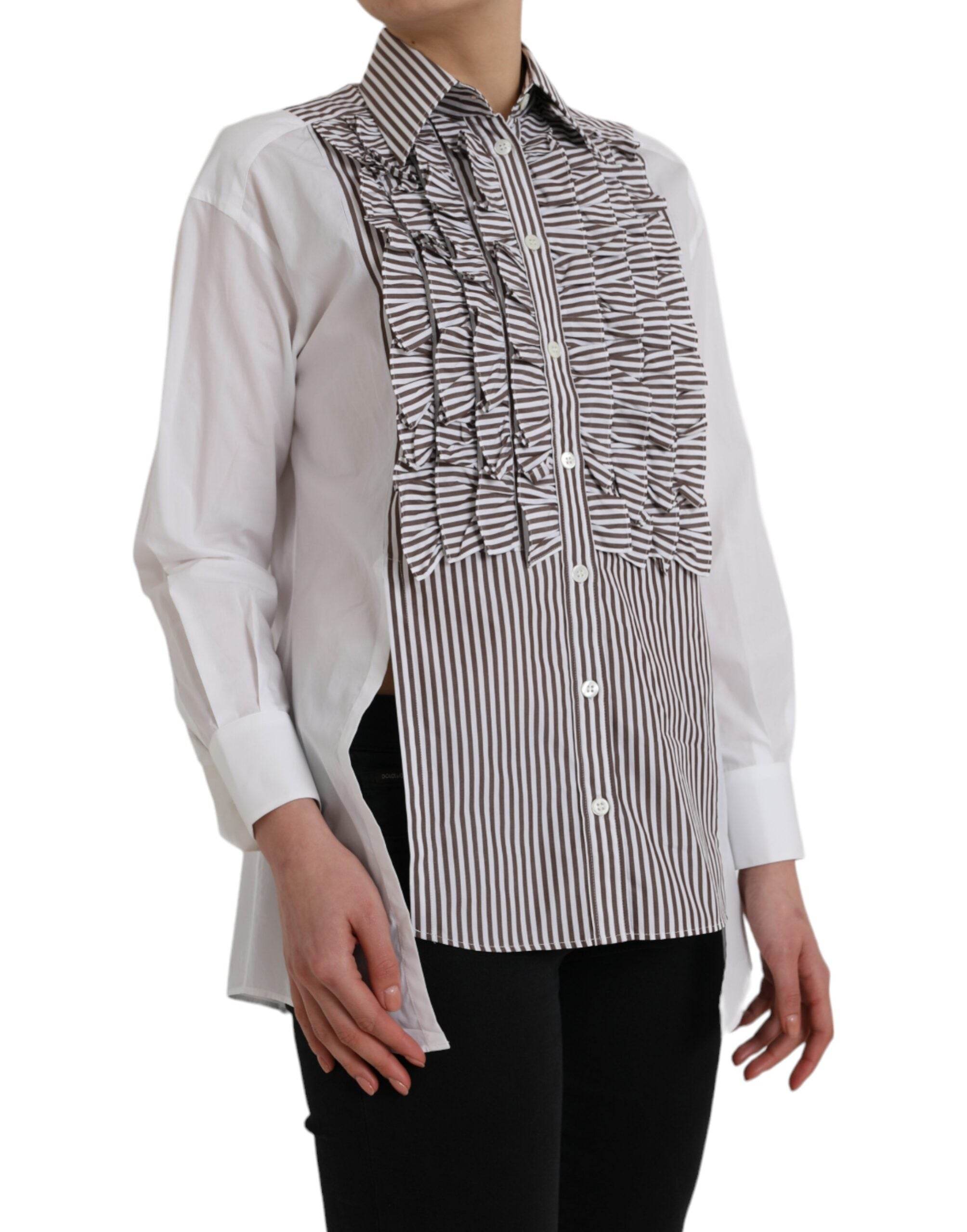 Dolce & Gabbana White Stripes Cotton Long Sleeves Ruffle Collar Top - Hilstor