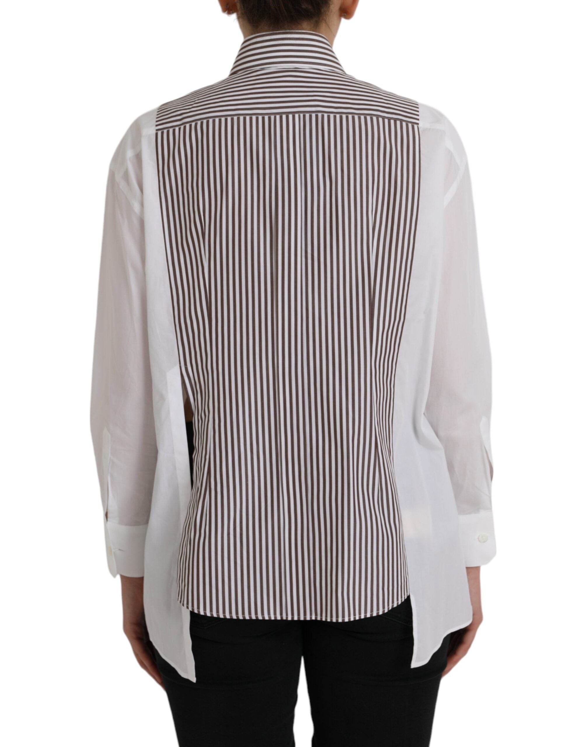 Dolce & Gabbana White Stripes Cotton Long Sleeves Ruffle Collar Top - Hilstor