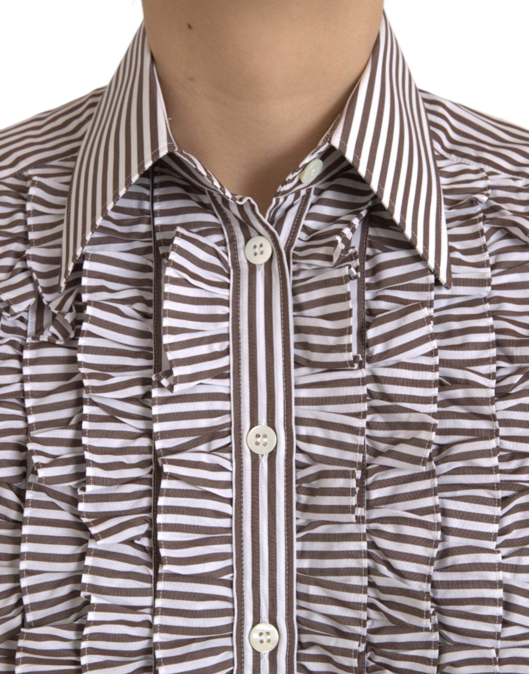 Dolce & Gabbana White Stripes Cotton Long Sleeves Ruffle Collar Top - Hilstor