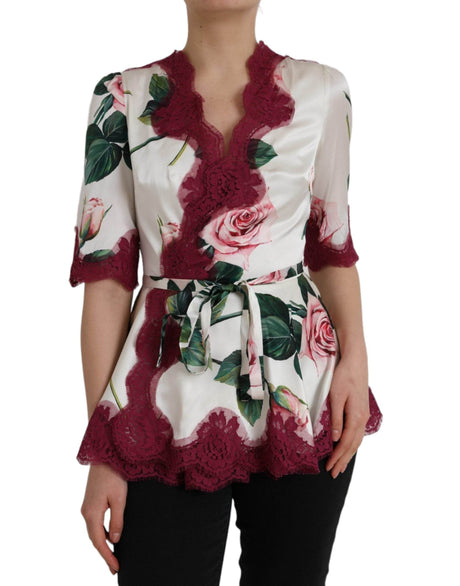 Dolce & Gabbana White Floral Lace Silk Short Sleeves Top - Hilstor