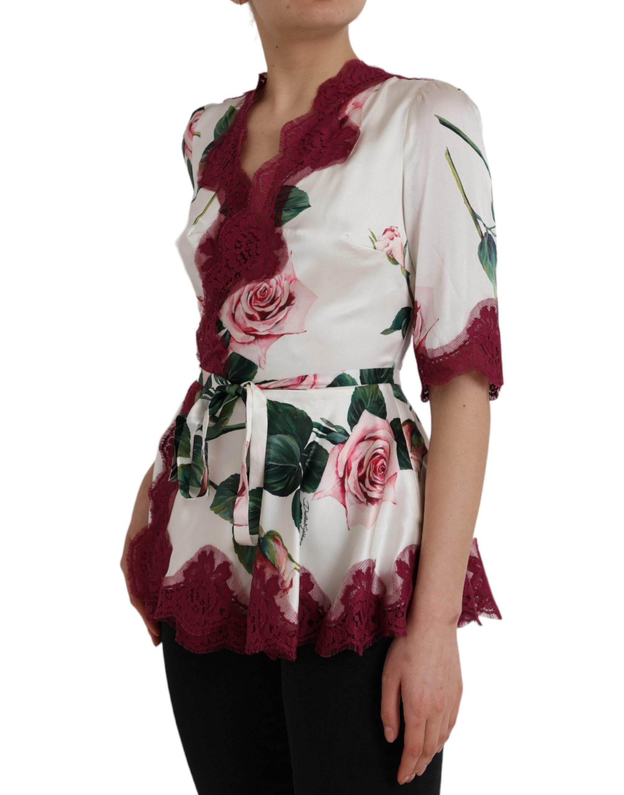 Dolce & Gabbana White Floral Lace Silk Short Sleeves Top - Hilstor