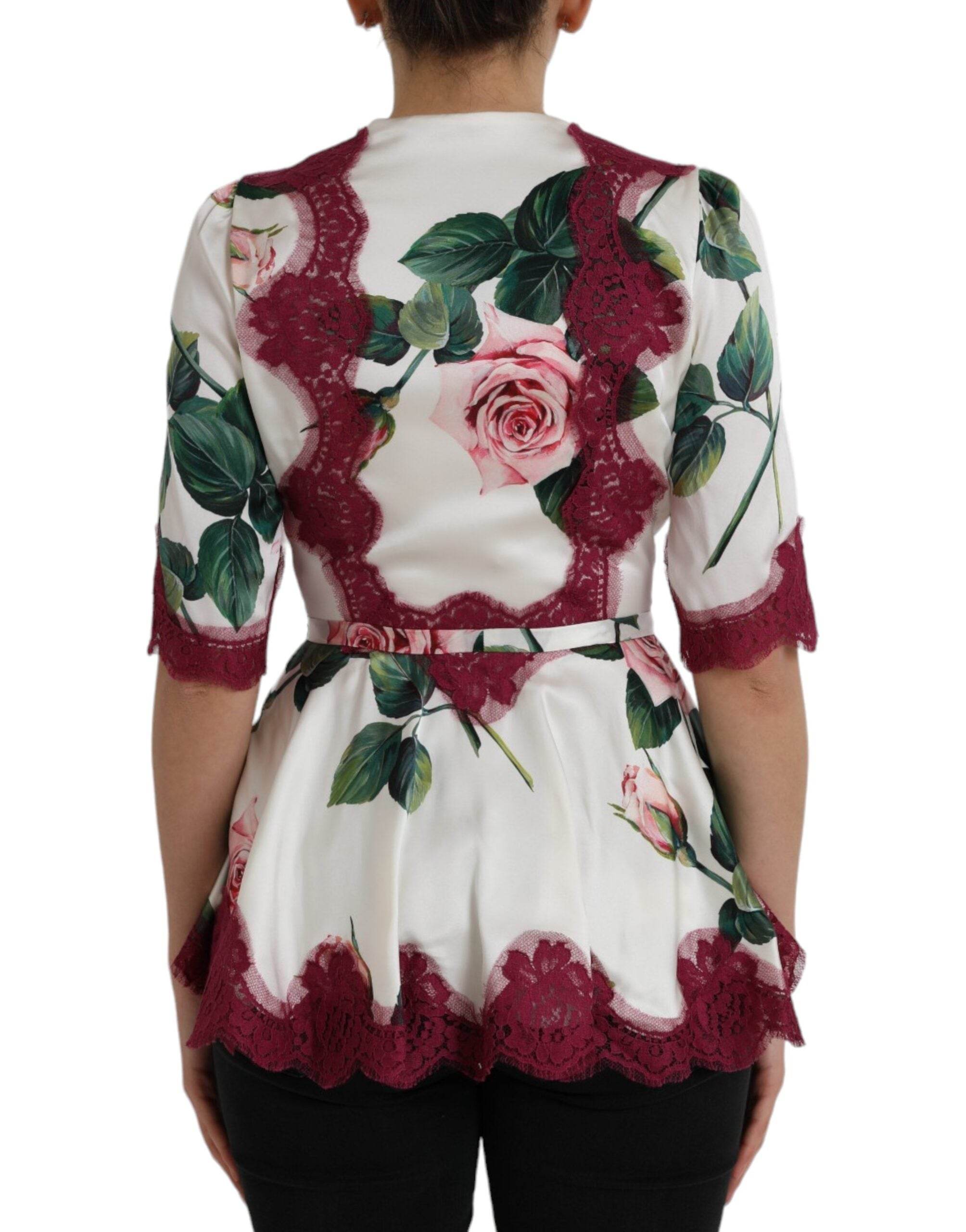 Dolce & Gabbana White Floral Lace Silk Short Sleeves Top - Hilstor