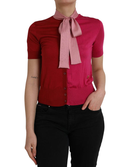 Dolce & Gabbana Pink Short Sleeves Pullover Ascot Collar Top - Hilstor