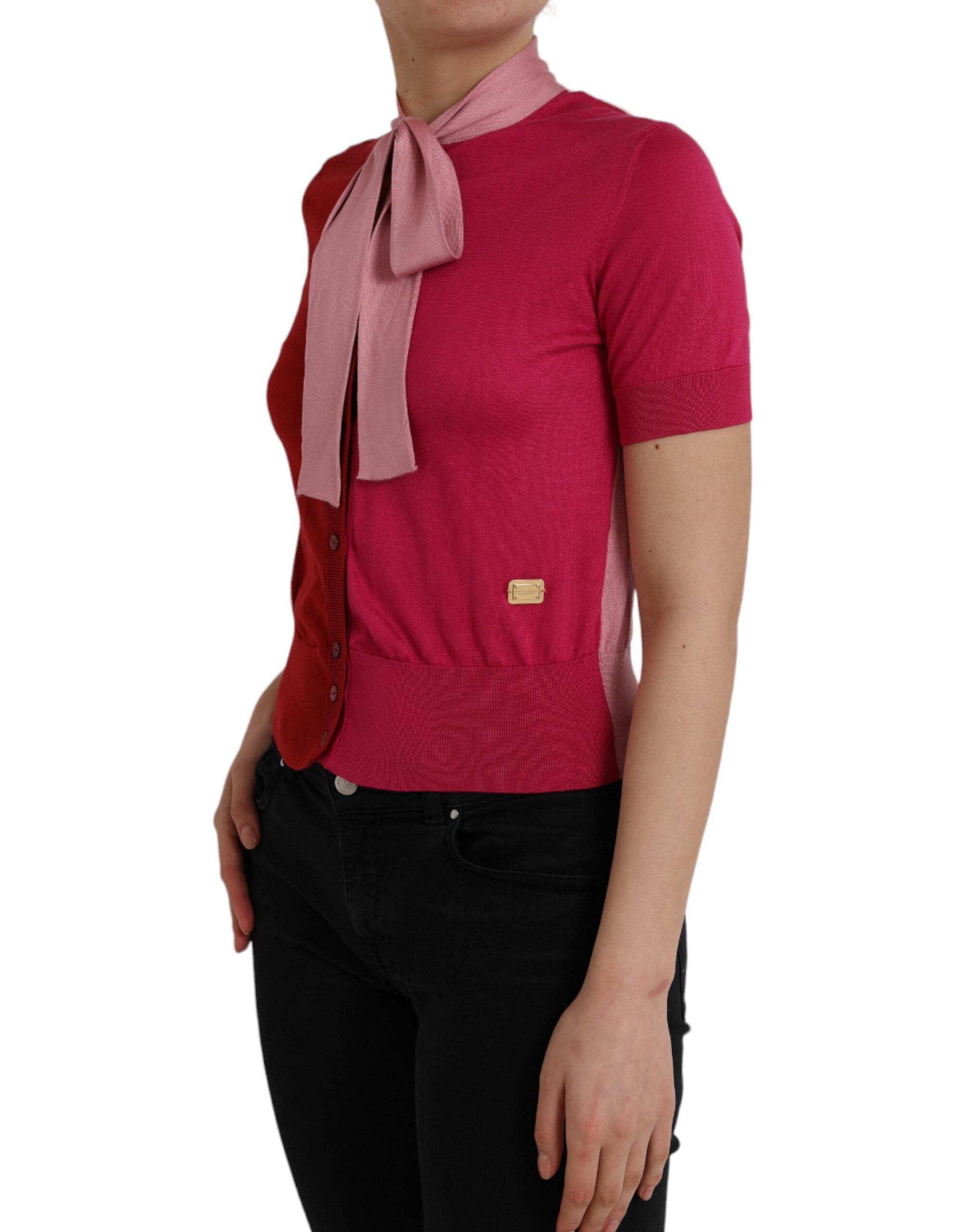 Dolce & Gabbana Pink Short Sleeves Pullover Ascot Collar Top - Hilstor