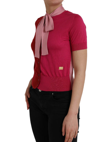 Dolce & Gabbana Pink Short Sleeves Pullover Ascot Collar Top - Hilstor