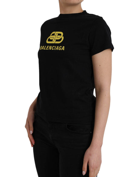 Balenciaga Black Cotton Logo Print Crew Neck Short Sleeves T-shirt - Hilstor
