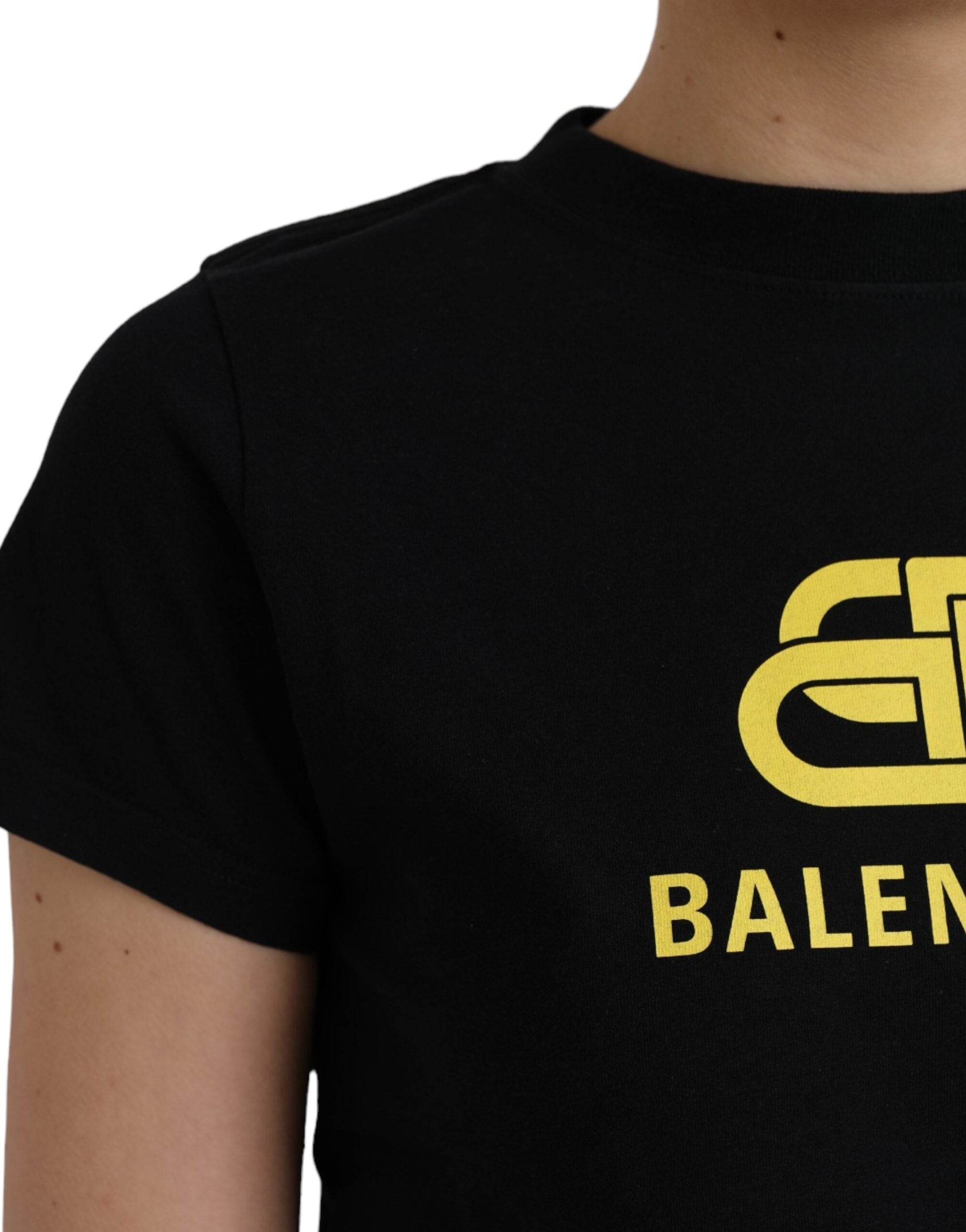 Balenciaga Black Cotton Logo Print Crew Neck Short Sleeves T-shirt - Hilstor