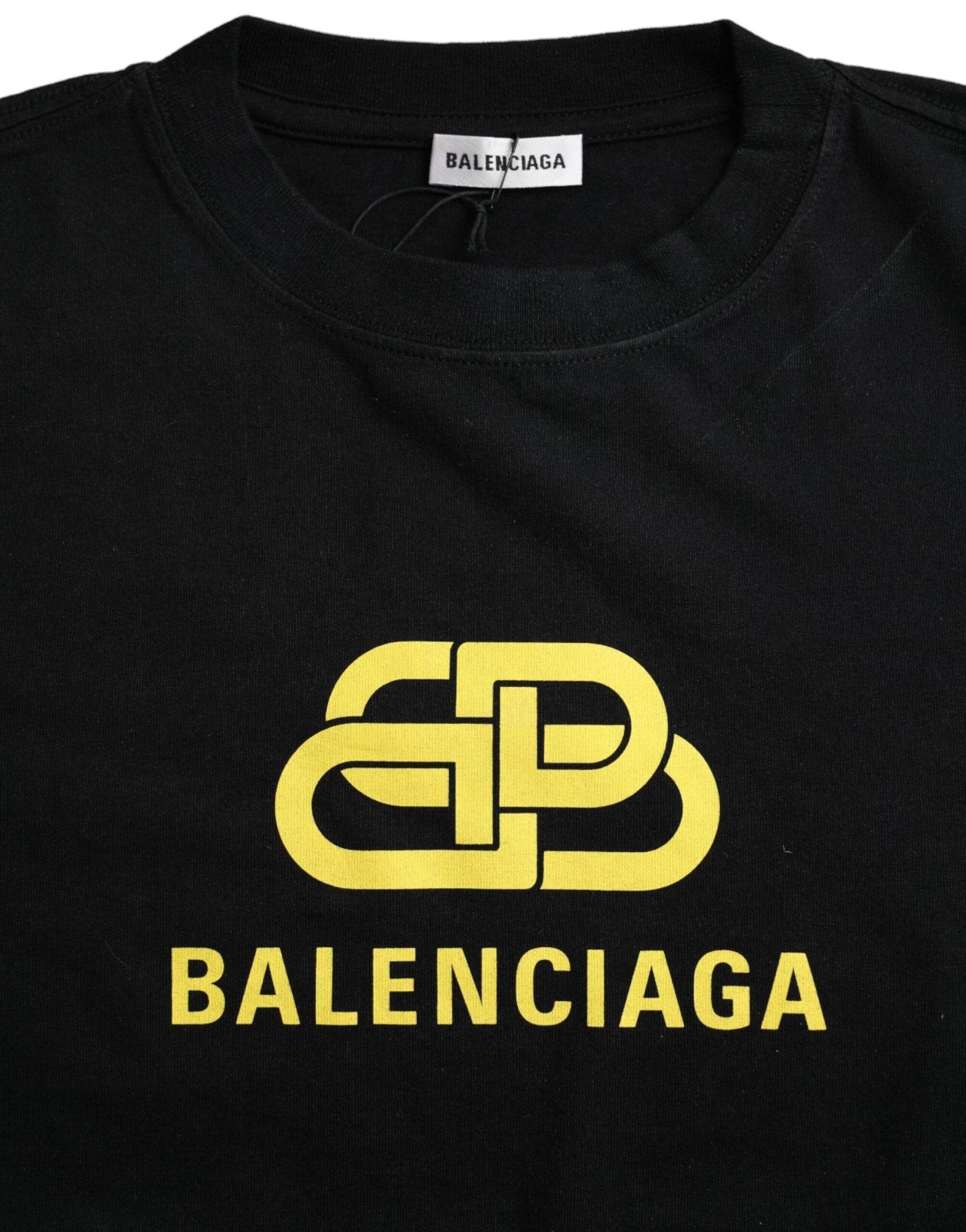 Balenciaga Black Cotton Logo Print Crew Neck Short Sleeves T-shirt - Hilstor