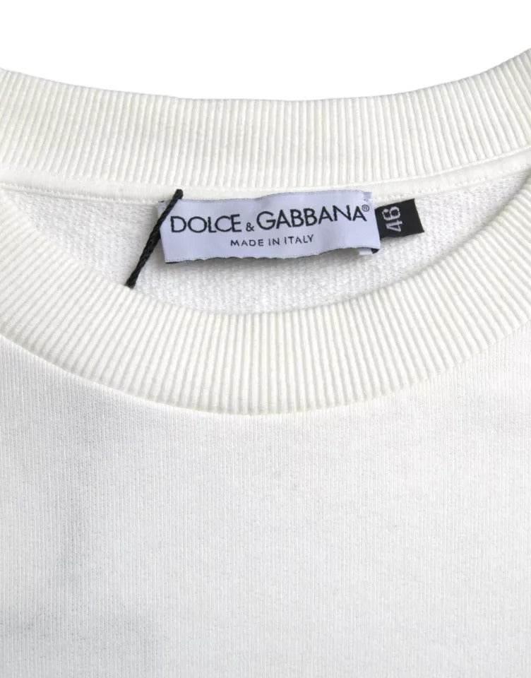 Dolce & Gabbana White Logo Cotton Crew Neck Pullover Sweater - Hilstor