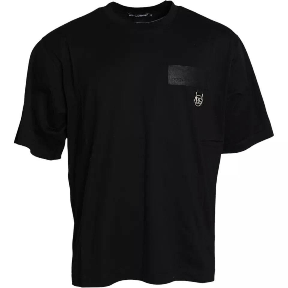 Dolce & Gabbana Black Logo Patch Cotton Crew Neck T-shirt - Hilstor