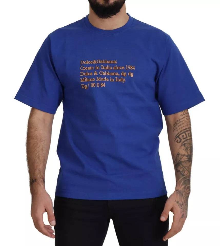 Dolce & Gabbana Blue Logo Print Crewneck Cotton T-shirt - Hilstor