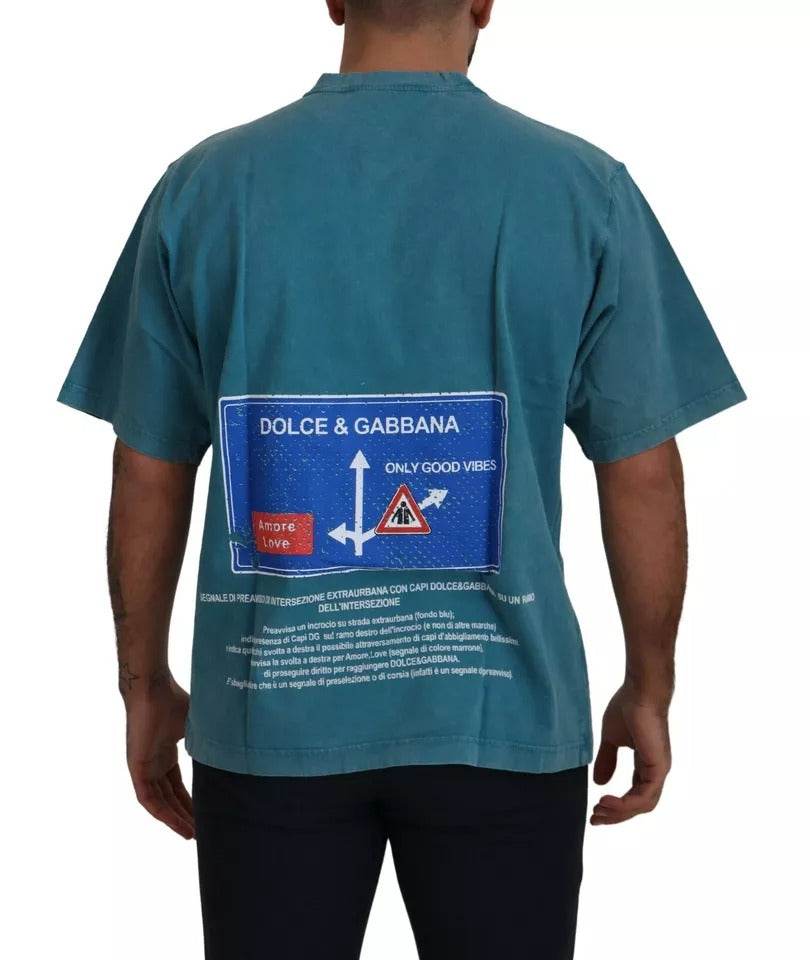 Dolce & Gabbana Blue Logo Print Crewneck Tee Cotton T-shirt - Hilstor