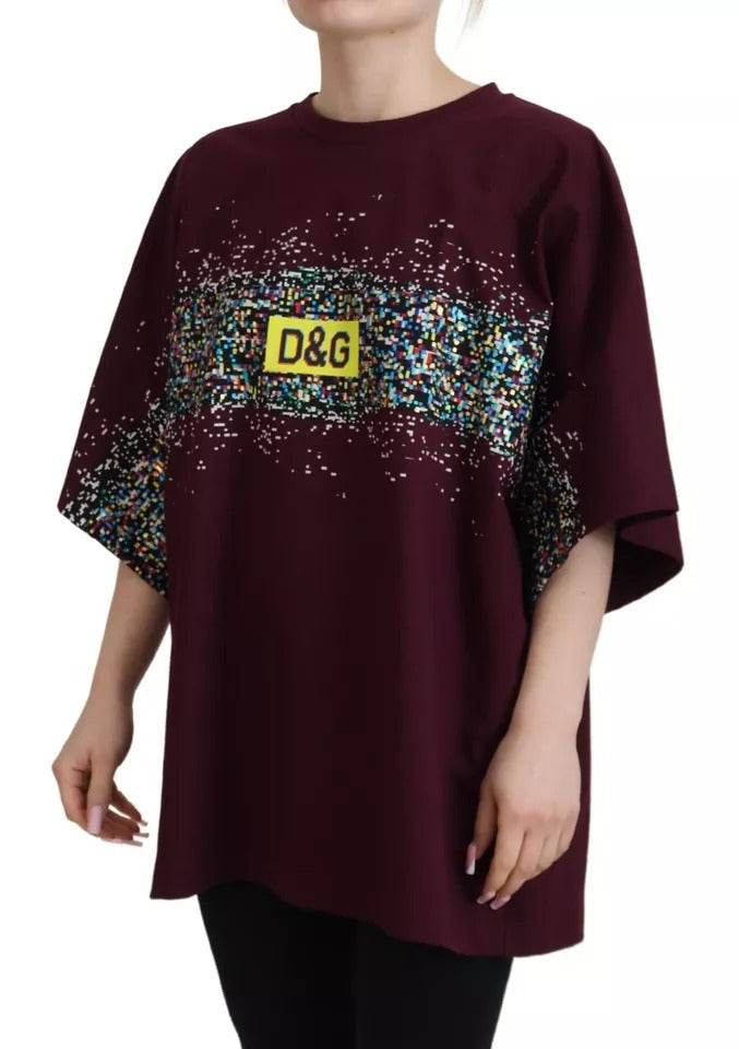 Dolce & Gabbana Bordeaux D&G Print Round Neck Cotton T-shirt - Hilstor