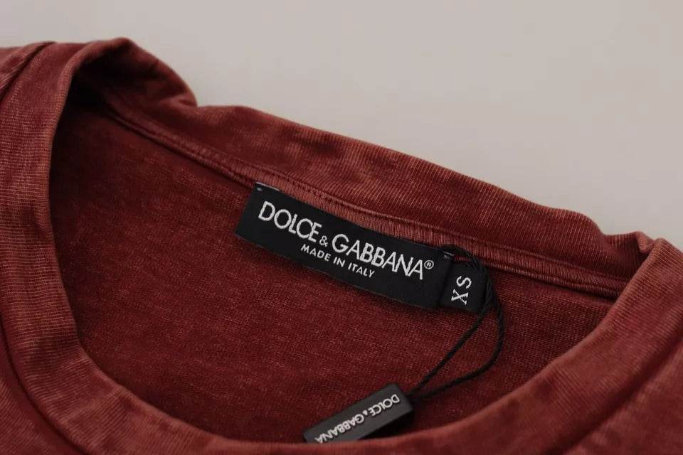 Dolce & Gabbana Maroon Printed Crewneck Tee Cotton T-shirt - Hilstor