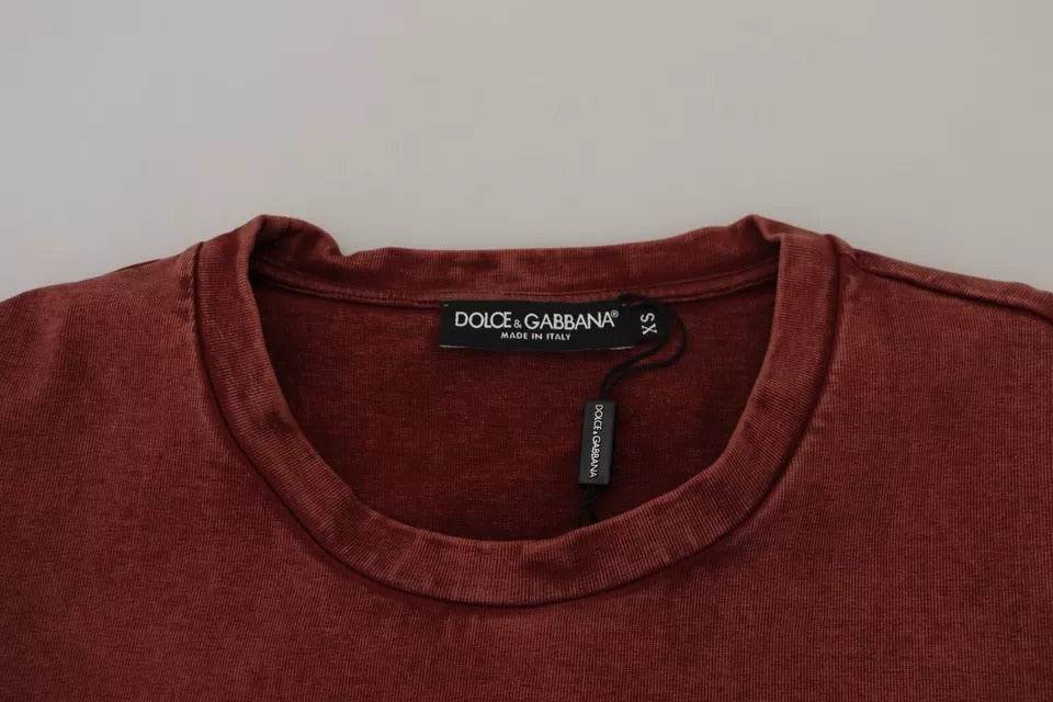 Dolce & Gabbana Maroon Printed Crewneck Tee Cotton T-shirt - Hilstor