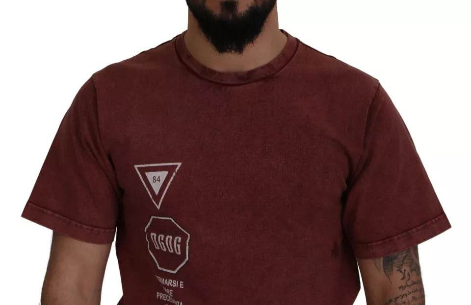 Dolce & Gabbana Maroon Printed Crewneck Tee Cotton T-shirt - Hilstor