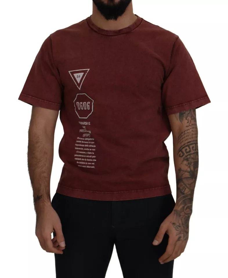 Dolce & Gabbana Maroon Printed Crewneck Tee Cotton T-shirt - Hilstor