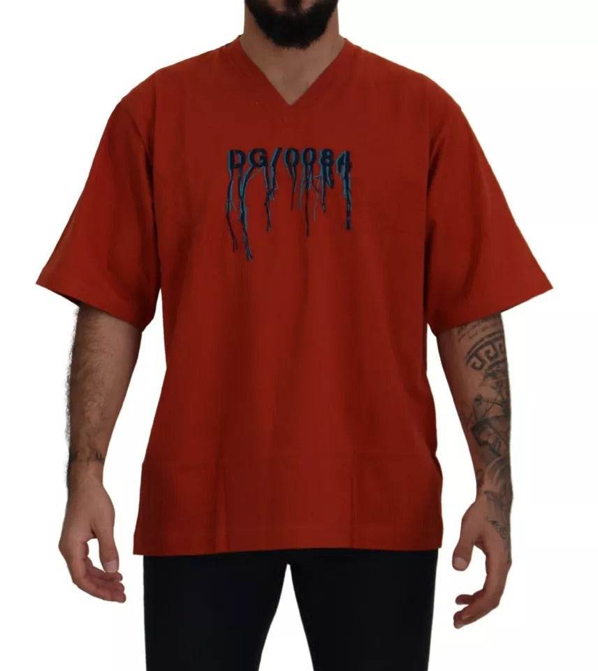 Dolce & Gabbana Red Logo Embroidery Crewneck Cotton T-shirt - Hilstor