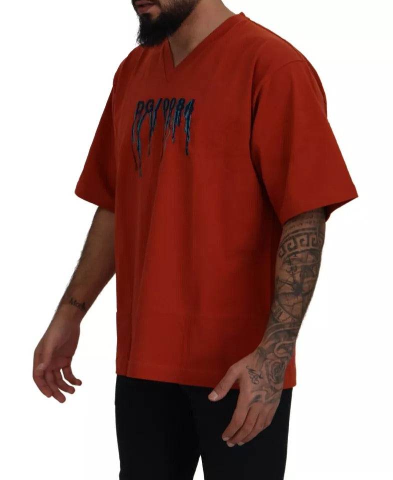 Dolce & Gabbana Red Logo Embroidery Crewneck Cotton T-shirt - Hilstor
