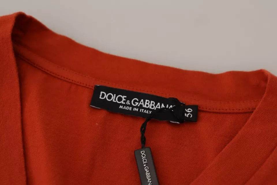 Dolce & Gabbana Red Logo Embroidery Crewneck Cotton T-shirt - Hilstor