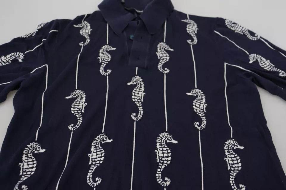 Dolce & Gabbana Dark Blue Sea Horse Collared Polo T-shirt - Hilstor