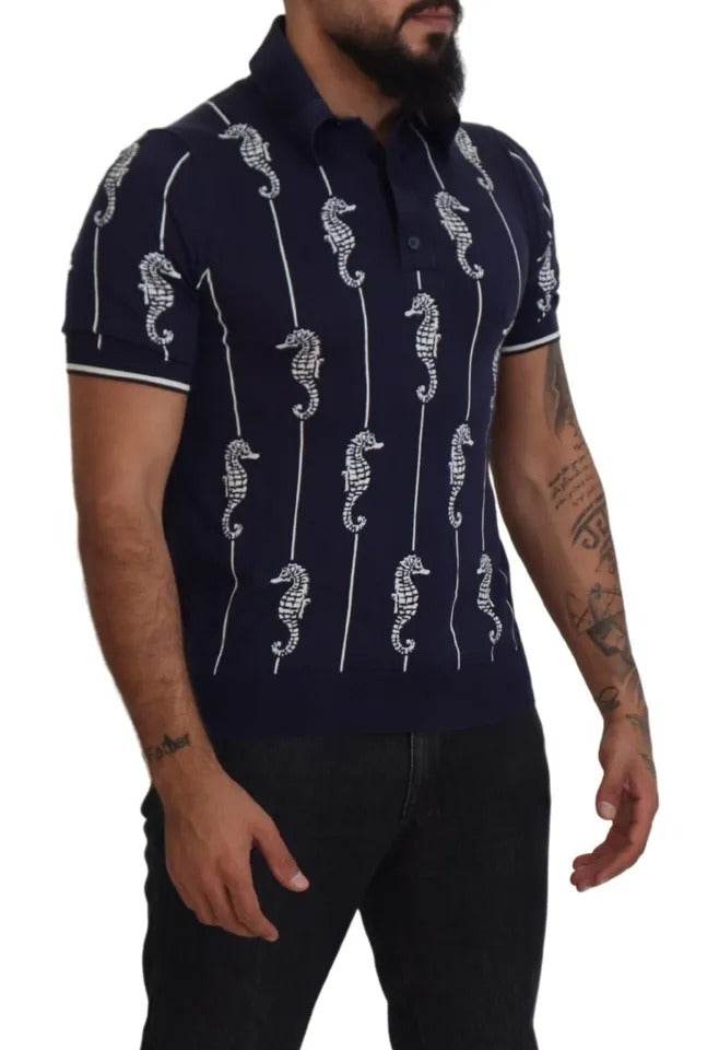 Dolce & Gabbana Dark Blue Sea Horse Collared Polo T-shirt - Hilstor