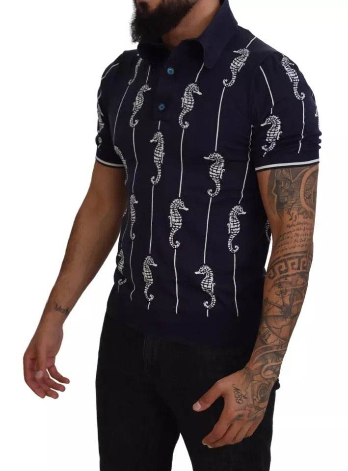 Dolce & Gabbana Dark Blue Sea Horse Collared Polo T-shirt - Hilstor