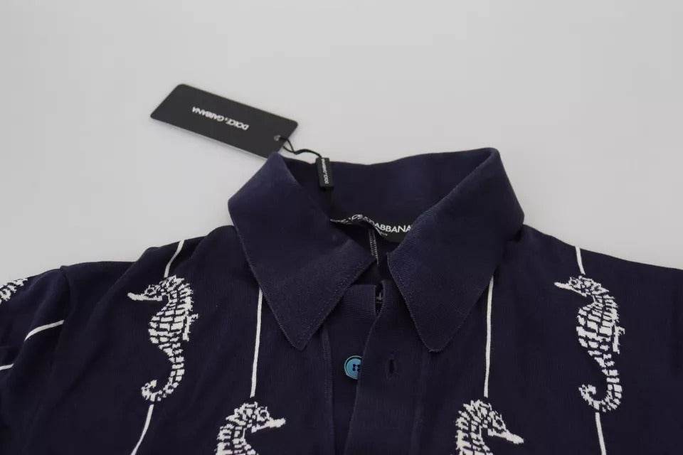 Dolce & Gabbana Dark Blue Sea Horse Collared Polo T-shirt - Hilstor