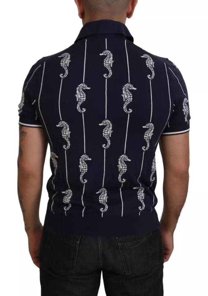 Dolce & Gabbana Dark Blue Sea Horse Collared Polo T-shirt - Hilstor