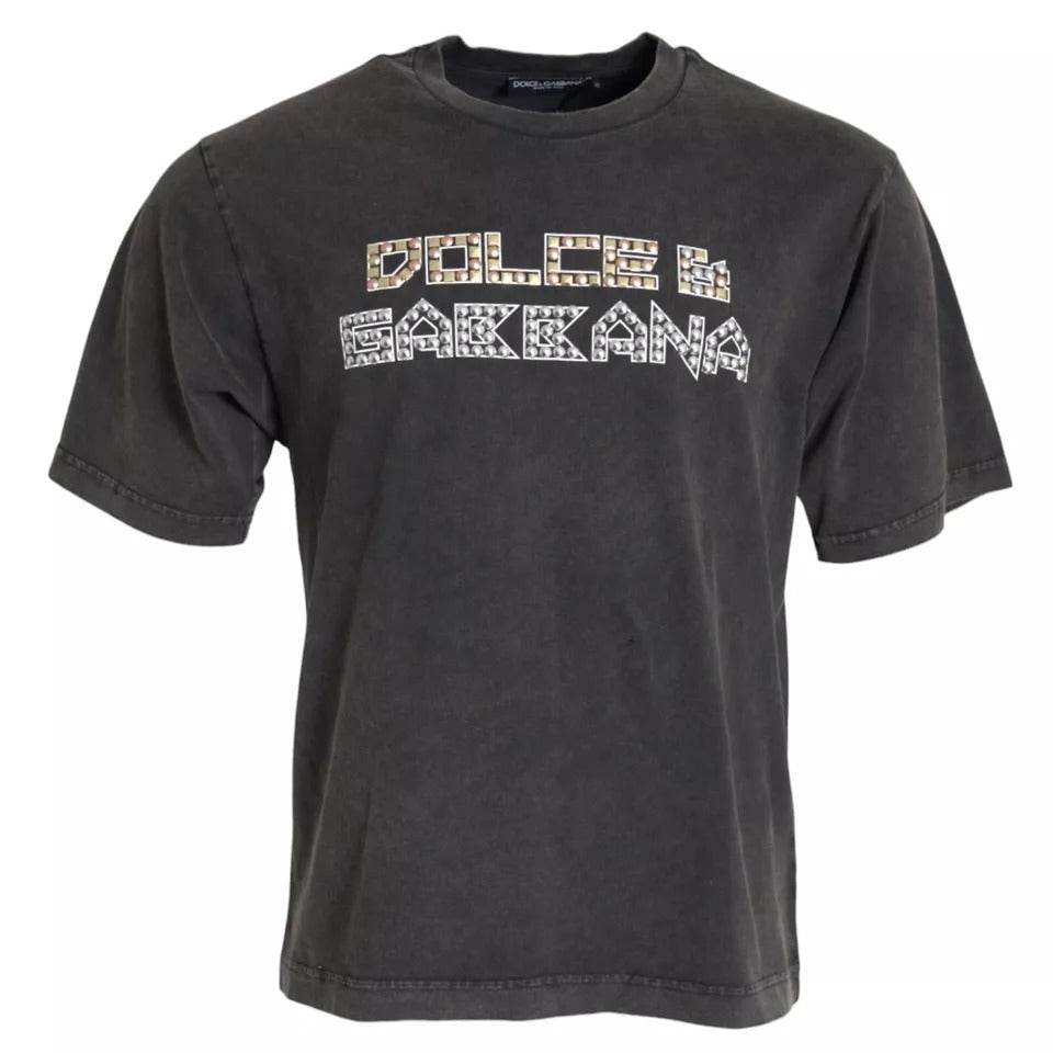 Dolce & Gabbana Gray Logo Embellished Cotton Short Sleeves T-shirt - Hilstor